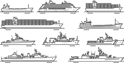Ship icon set, cargo container cruise warship silhouette, maritime vessel illustration, black line graphic, ocean transport symbol grid © MdMahmudul