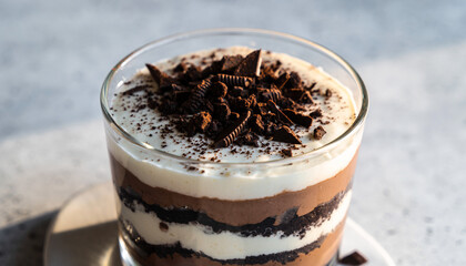 Delicious layered chocolate and cream dessert in a glass, garnished with chocolate shavings and cocoa powder, ready to be enjoyed.