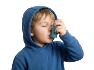 Young Boy Blue Hoodie Using Teal Inhaler For Asthma Relief With Eyes Closed Against Black Background