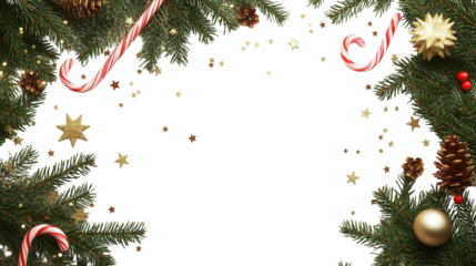Festive Christmas border frame with pine branches candy canes gold stars and ornaments on transparent background