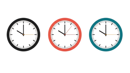 Three oval clocks showing different times isolated on transparent background