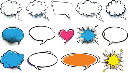 Comic speech and thought bubble vector set, explosion icons, heart symbol, cartoon design, black outline, graphic element, dialog sketch