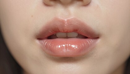 Naklejka premium Close-up of a young Asian woman's lips with a natural gloss. The skin is smooth and well-groomed, showcasing a subtle beauty look.