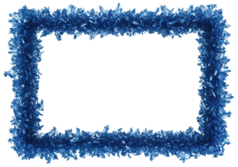 hyper-detailed macro photo of an intricate, sapphire blue ice crystal pattern forming an irregular rectangular frame against a transparent background with copy space. concept of sophisticated winter