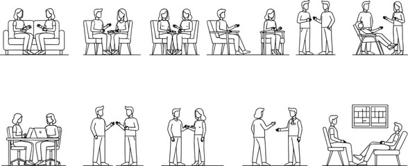 Counseling and therapy session vector illustrations featuring people talking, consulting, mentoring, mental health support and communication scenes