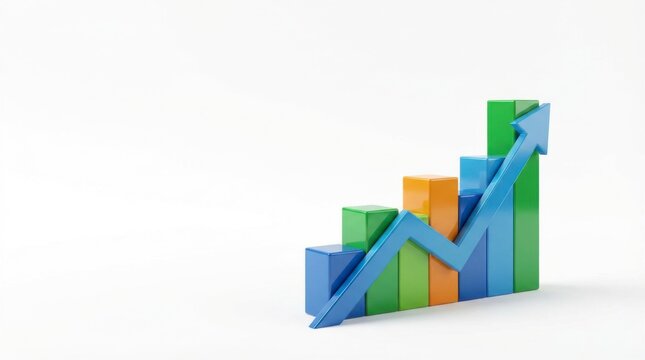 Colorful 3D Bar Graph with Upward Arrow Representing Business Growth and Financial Success