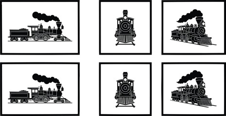 Vintage steam locomotive illustration set, black and white train sketch, historical railway engine drawing, retro transport artwork, antique framed graphic © MdMahmudul