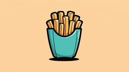 Illustration of french fries in a blue container on a beige background.