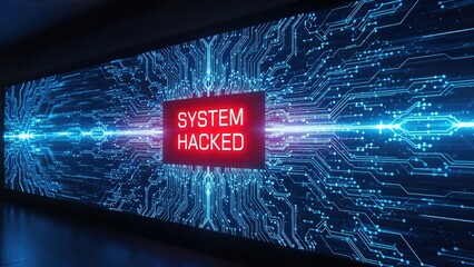 Digital interface displaying a warning message 'SYSTEM HACKED' with glowing circuitry background, illustrating the concept of cybercrime and the threat of telephone scammers in modern technology