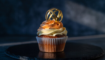 A beautifully decorated cupcake with swirled frosting and a golden spherical garnish sits on a dark surface.