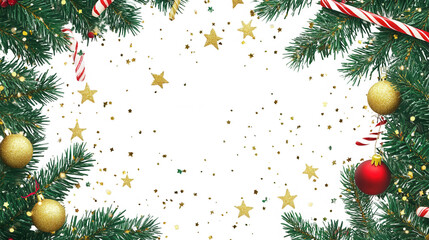 Festive Christmas border frame with pine branches ornaments candy canes and falling gold glitter stars on transparent background