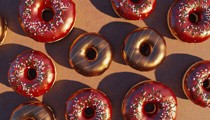 An overhead view of various glazed donuts with sprinkles and chocolate icing on a warm-toned surface, creating a delicious and inviting pattern.