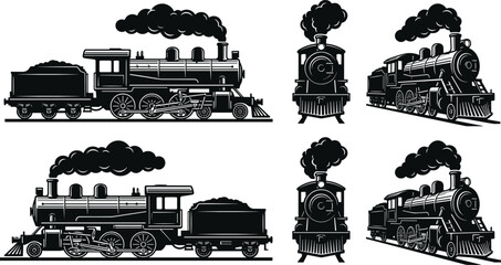 Vintage steam locomotive illustration set, black and white train drawing, historical railway engine artwork, retro transportation graphic, antique train sketch © MdMahmudul