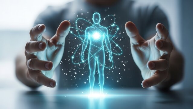 Digital human body with glowing energy field held by hands, health and wellness technology.