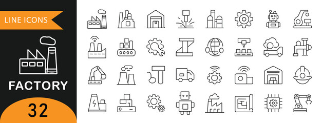 Minimal vector icon set, Of industrial factory operations, logistics, automation, machinery, and engineering in clean line style.”  © Icuno