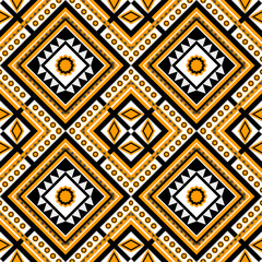High-detail ethnic geometric textile pattern with large layered diamond shapes, bold red, gold, black, and white color palette. Sharp triangular borders, star-shaped interior motifs.
