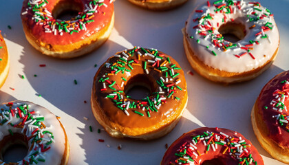 A close-up overhead shot of several festive donuts with colorful sprinkles arranged on a white surface.