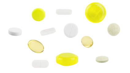a vibrant collection of diverse pharmaceutical pills, capsules, and tablets scattered on a dark transparent background, highlighting their varied forms.