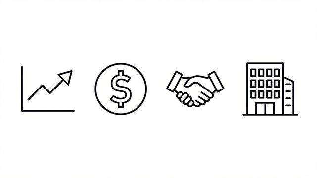 Business Growth and Financial Success Concepts with Line Icons of Graph, Dollar Sign, Handshake, and Building