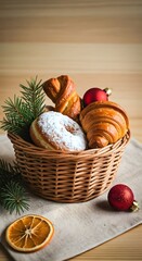 Winter Flat Lay with Croissant, Mini Doughnut, Cinnamon Twist and Red Ornaments 