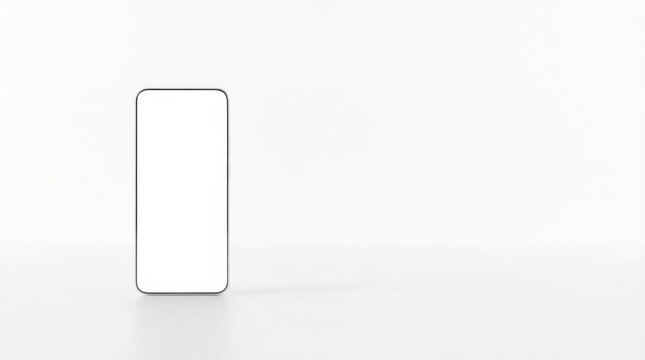Modern smartphone with blank white screen standing upright on a minimalistic white background