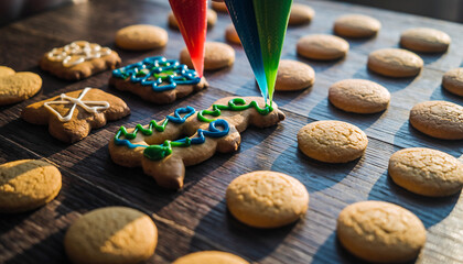Close-up of a person decorating gingerbread cookies with colorful icing in a festive pattern.