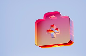 3D first aid bag icon, medical emergency concept. Colorful gradient glass like icon, trending glass holographic icon, for graphic design, UI UX interfaces, 3d render