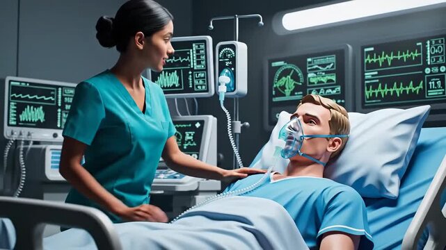 Medical Professional Providing Care to Patient in Hospital Intensive Care Unit Environment