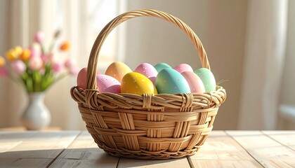 “Wicker basket filled with colorful Easter eggs on light surface, eggs decorated with bright patterns”