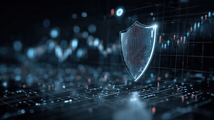 A digital shield icon represents cybersecurity, set against a background of data streams and graphs, symbolizing protection in the tech landscape.