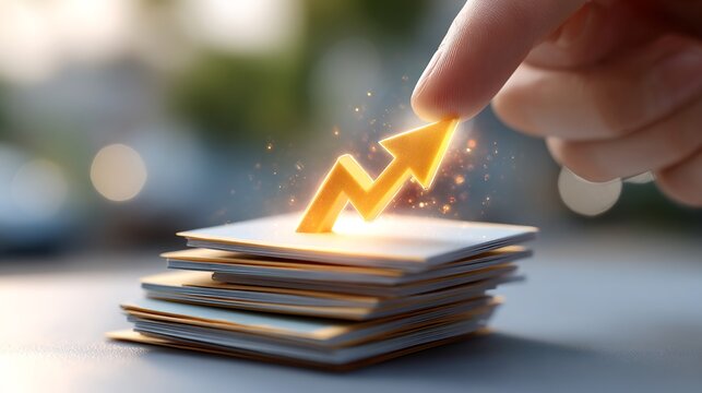 Upward glowing efficiency arrow emerging from stacked workflow cards on desk, productivity manager hand placing final card, soft daylight, 4k