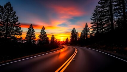 A dramatic, low-angle shot of a winding mountain highway at sunset, framed by dark pine tree silhouettes. The vibrant orange and red sky reflects intensely off the asphalt, symbolizing travel and free