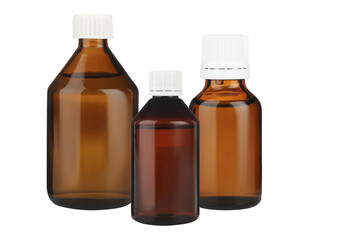 photograph of three amber glass bottles with white caps, filled with liquid, commonly used for medicines or cosmetics.