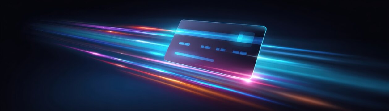 A futuristic credit card with glowing, vibrant light trails against a dark background, symbolizing fast digital transactions.