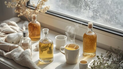 Zero-alcohol lifestyle flatlay with herbal beverages, winter sunlight through frosted window, minimal Scandinavian design, fresh citrus steam, calming aesthetic, high-end product photography.