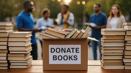 Group of diverse volunteers gathered around a donation box filled with books, promoting literacy and community support in an outdoor setting with warm lighting