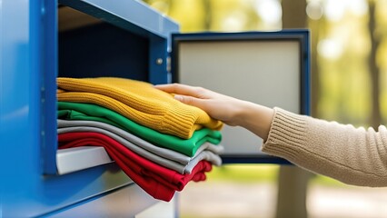 Hand of a volunteer placing colorful folded clothes into a donation box in a park, promoting community support and charitable giving for those in need