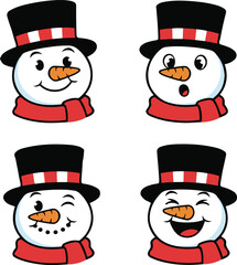 A set of four expressive vector snowman illustrations wearing black top hats and red scarves, featuring varied emotions including happy, surprised, winking, and laughing.