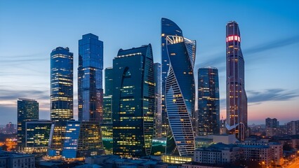 Dense cluster of illuminated skyscrapers creating a dynamic evening skyline