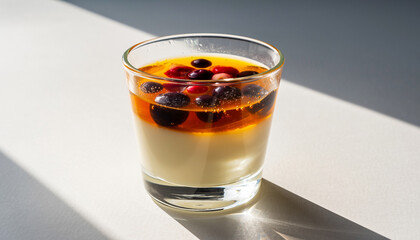 Creamy white dessert with orange sauce and dark berries in a glass, illuminated by sunlight.