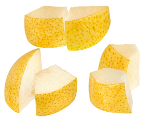 freshly cut nashi pear wedges with spotted golden skin and white juicy flesh on a stark transparent background, floating in motion.