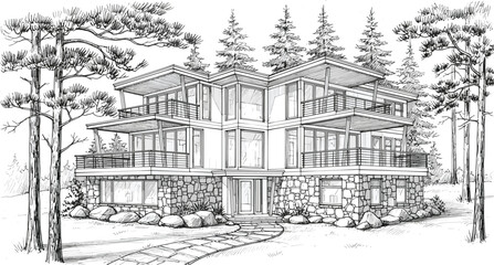 Modern forest house sketch, architectural drawing, glass windows, stone facade, pine trees, balcony design, nature integration, residential concept, clean lines