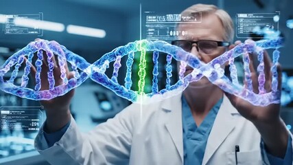Scientist examining a holographic DNA strand in a modern laboratory with digital interfaces in the background - Powered by Adobe