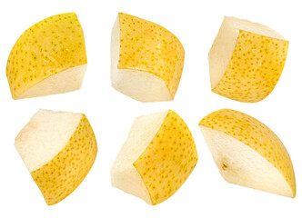arrangement of six vibrant nashi pear sections, revealing crisp white flesh and golden speckled skin, isolated on black.