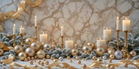 Elegant Festive Holiday Centerpiece with Gold Ornaments and Burning Candles on Marble Background [with copy space]
