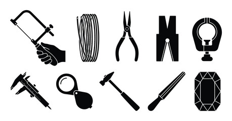 Obraz premium Jewelry tools silhouettes. Handsaw, wire, pliers, anvil, ring clamp, calipers, loupe, hammer, ring sizer, diamond