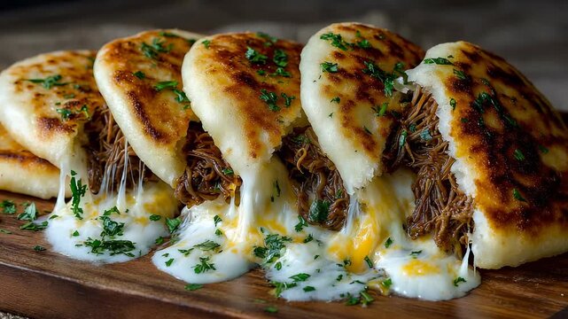 Close-up of melting mozzarella cheese pulled from toasted panini sandwich on wooden board, Italian food, delicious meal, comfort food.