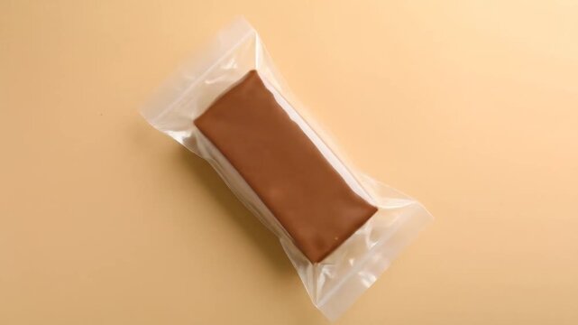 A rectangular chocolate bar, vacuum-sealed in a clear plastic wrapper, sits on a beige background