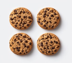 Obraz premium Four round baked goods with chocolate chips, symmetrically arranged on a plain white surface