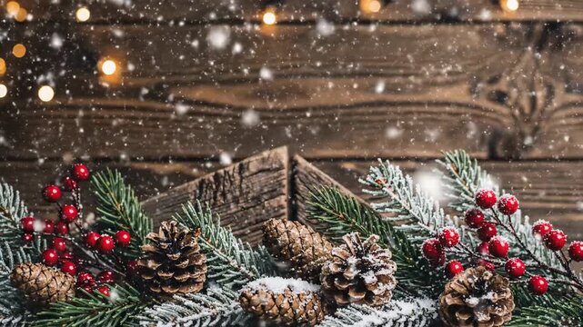 Festive arrangement of pine cones berries and snowflakes on wooden surface